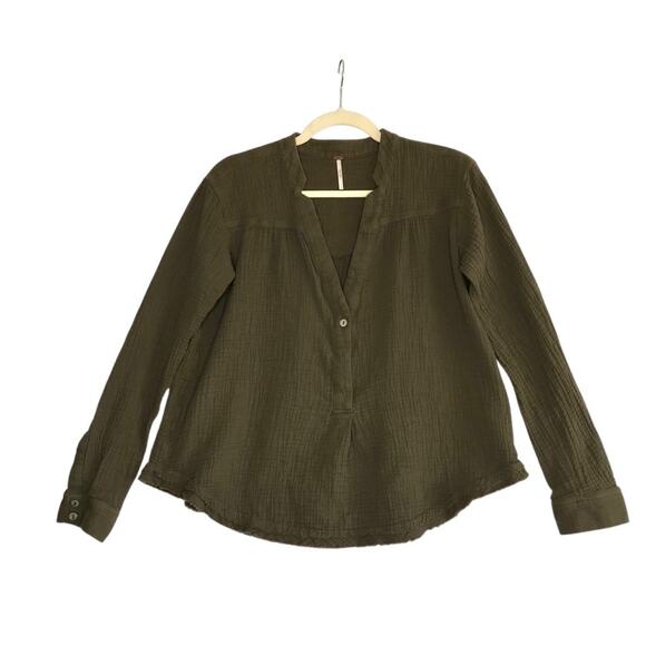 FREE PEOPLE Changing Horizons V Neck Top Sz S Olive Green Gauze Oversize Boho - Picture 2 of 11